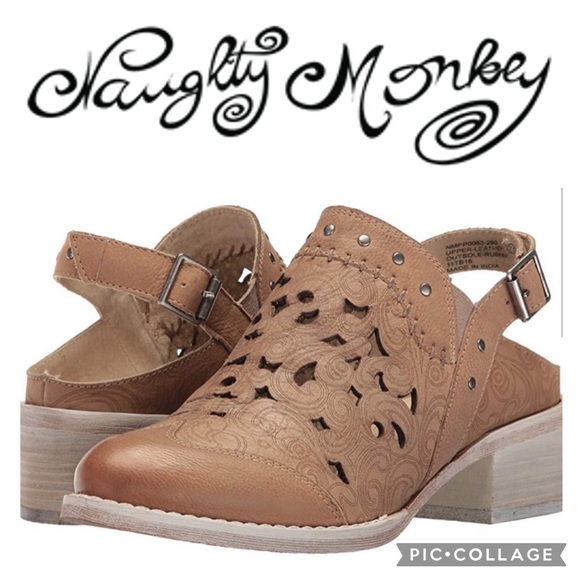 NAUGHTY MONKEY “Ms. Kali” Tan Leather Laser Cut Heeled Mule 6.5 - Picture 9 of 15